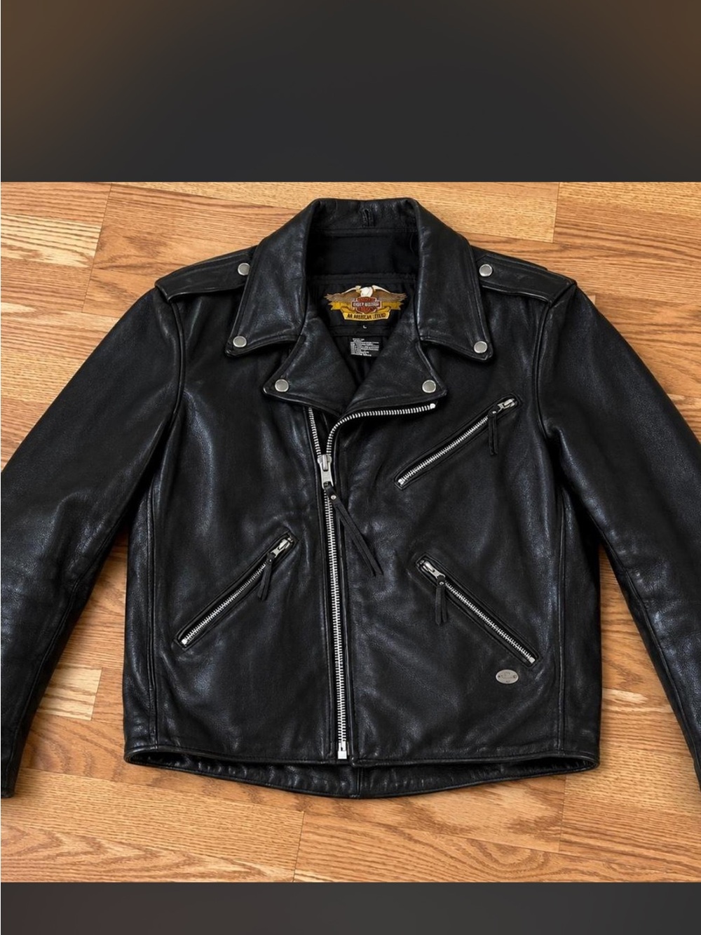 Harley-Davidson Black Leather Moto Jacket with Silver Hardware y2k Japan